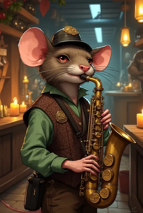 A whimsical and detailed illustration of a rat playing a saxophone in a style inspired by the artistic aesthetics of the Pathfinder role-playing game. The rat is anthropomorphic, wearing a dashing outfit with a fantasy flair, including a small hat and a ve...