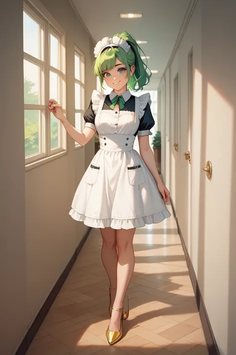 girl with green hair wearing a housemaid uniform, ponytail, golden high heels, green eyes, smiling, cute face, wipe the dust, hallway