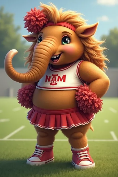 photorealistic portrait of Dressed animals - a ((fat)) [chibi] (baby mammoth) cheerleader,(art by Giuseppe Arcimbold:1.2),(full body image:1.3), (hands on hips:1.5),(), (happy smile:1.2),high quality,(lovely) , highly detailed cute  top with team logo ,int...