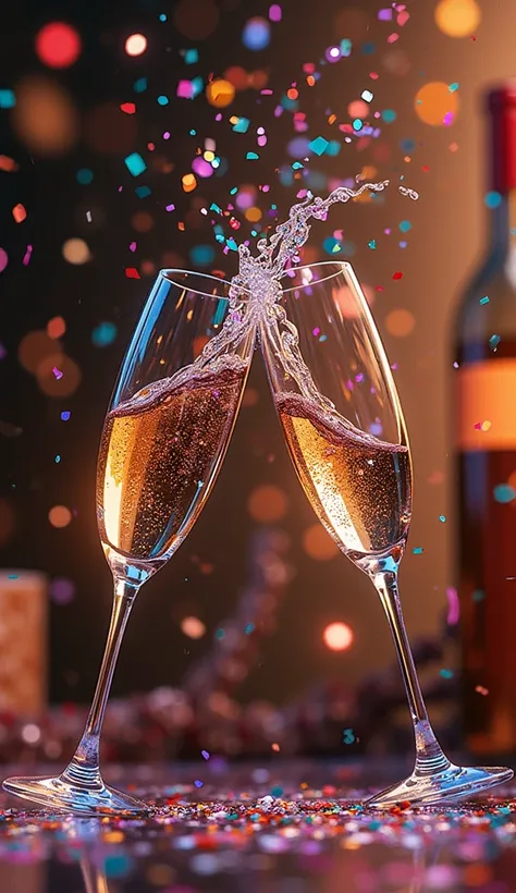 A wine bottle clinks glasses with a champagne flute as confetti rains down.