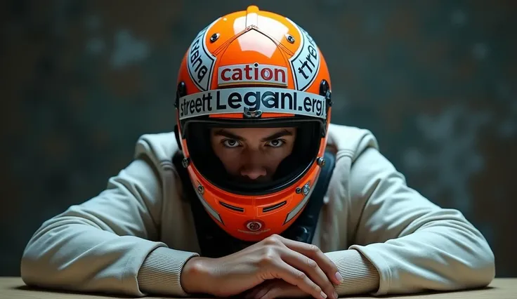 28 years old man wearing F1  helmet "Street Legan" texted on it but his mouth is visible, sitting in the table, looking directly to the camera
