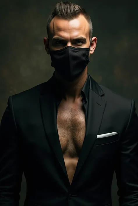 Create another image again with the following instructions. Create the image of a strong man with beautiful and short hair. Shave done and aligned.  mask Create the image of this man being masked.  With a mask from Anonymous. The black colored suit without...