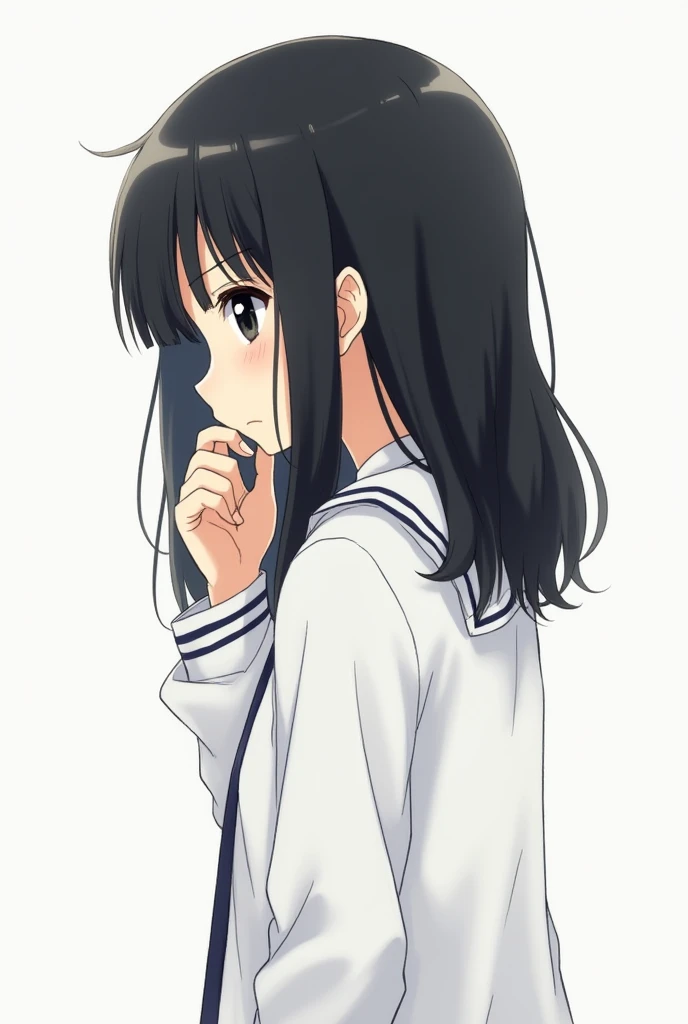 a girl who has a little long black hair and black eyes while wearing a long white school shirt and appears to be standing from the side with her head slightly lowered. Her hand touches his mouth, giving the impression that she is thinking or feeling anxiou...