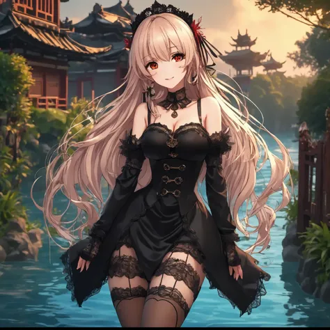 ((Junko desire)),  1 girl, architecture, black Dress, black Gloves,  blonde hair, Blush, Breasts, Dress, east asian architecture, fence, fishnet  thigh stockings, Fishnet stockings, Gloves, Grass,  jumping happy, headDress, large Breasts, long Dress,  long...