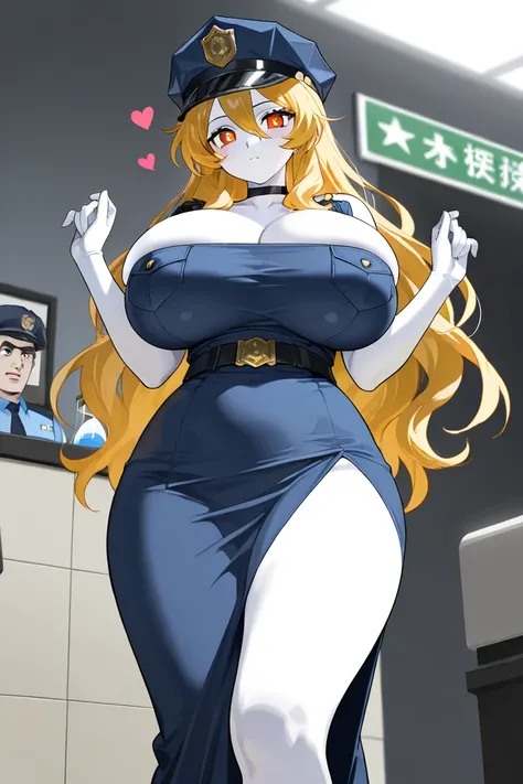 Woman with long golden hair, orange eyes, white skin, hourglass figure, beautiful appearance, face, heart shape, big breasts, big breasts, big milk, highlight of the image wearing a dress, police officer, rank, inspector, anime drawing 