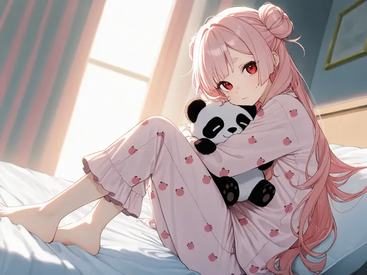 (masterpiece,  best quality:1.2), , Alone,  1 girl in the best,   pale pink hair、 bun hair、 half twin、 long hair、 Princess Cut、narrow oval eyebrows、 red eyes、panda pattern pajamas、 sitting on bed、 barefoot