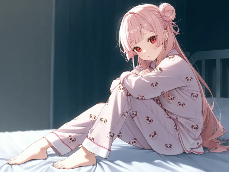 (masterpiece,  best quality:1.2), , Alone,  1 girl in the best,   pale pink hair、 bun hair、 half twin、 long hair、 Princess Cut、narrow oval eyebrows、 red eyes、panda pattern pajamas、 sitting on bed、 barefoot