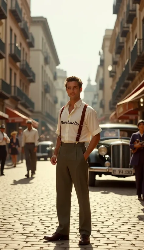 A bustling 1930s city square with cobblestone streets and vintage architecture. The character stands confidently in the center, wearing period-appropriate casual attire: high-waisted trousers, suspenders, and a crisp white shirt with the word "Marshmello" ...