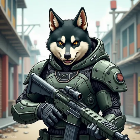 Kuroshiba Inu who comes with mobile armor on the battlefield and holds an assault rifle