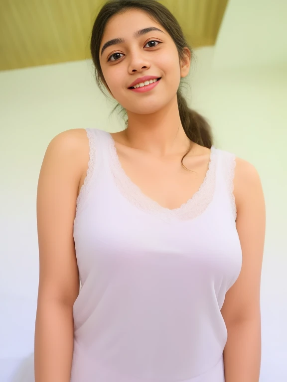 Sri lanka   girl, wearing white clothes  , in the bedroom,  (chubby , big breasts ), photorealistic, detail, skin texture, super detail, delicate and sexy collarbone, smile