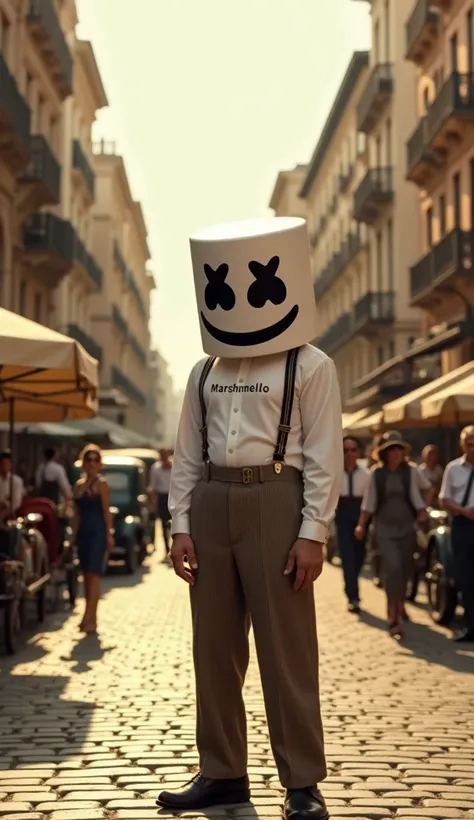 A lively 1930s city square with cobblestone streets, vintage cars, and pedestrians dressed in period-appropriate attire. In the center, the character wears the iconic Marshmello mask, clearly recognizable with its signature face design, paired with high-wa...