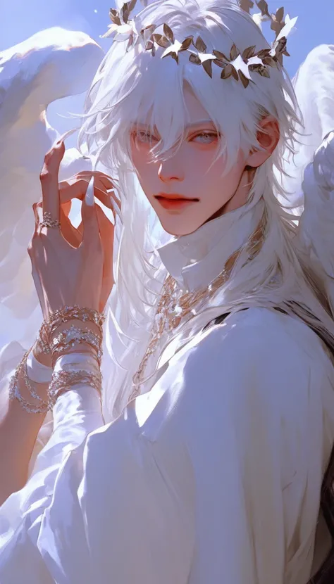 A male， , boys with long white hair ，Light, flowing hair ，White Angel， with a sparkling crown ， slender, good-looking hands， long nails ， looking at the camera with cold eyes ，Hands with diamond rings ，High-end， young and energetic， Good condition ，Very ha...