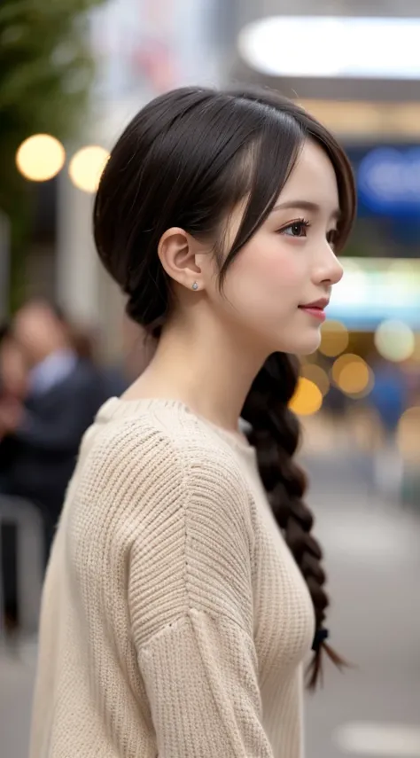        beautiful girl,   Very Pretty and Detailed Face    ,        laugh shyly, Deep Valley), ((  The camera is behind me       ))、(彼女は    Big Breastsをしている、     white long sleeve rib knit     .       hot pants、    facing sideways to the viewer、          an...