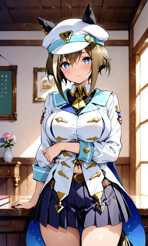  Cheval Grand， white military uniform， black pleated skirt，horse ear，Uma Musume