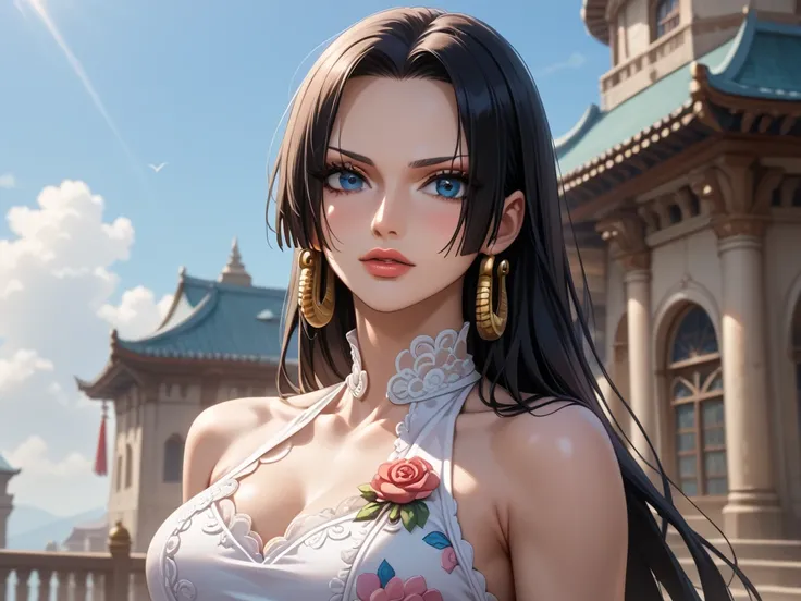  1 girl,   alone,  conveys emotions , Eye-catching, boa hancock,   blue eyes  ,thick, Curve , ผมดำ, Wear a white lace dress, , , slim and toned body and showing her anger.,   whole body  , Alluring eyes, Hyperrealism, movie lighting ,  Best Quality , Retin...