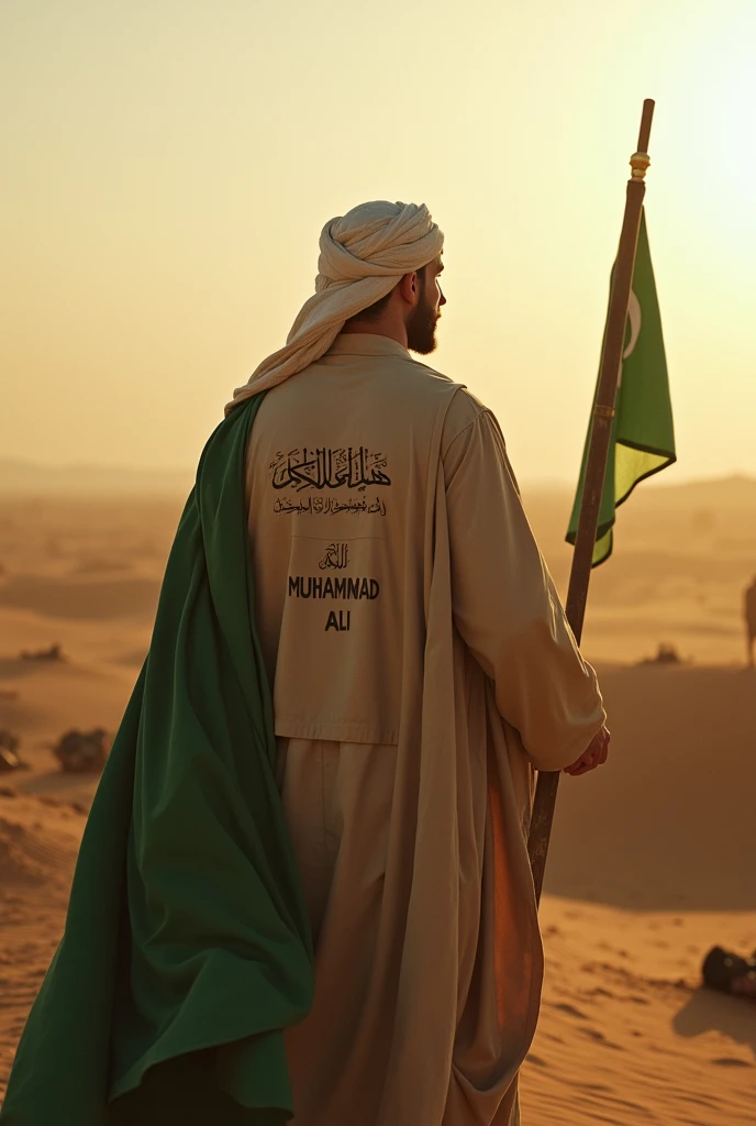 A man in the Karbala desert wearing Islamic clothing Bright white light on the man's face Blood-soaked Zulfiqar sword in the man's hand thousands Dead bodies around the man Muhammad Ali written on the man's back in Arabic language and the Green Islamic fla...