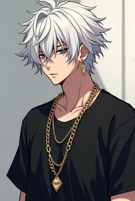  Create an image of a character create ,  with white hair,  brand,  diamond earring looking slightly tilted , with a gold chain ,  beautiful black brand shirt , Snowy hair (  white medium ) That this character is showing half his belly up for me to use as ...