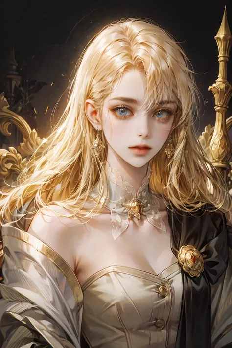 beautiful woman, with long golden hair, golden eyes, and detailed background, every detail is rendered in superb detail, perfect composition, masterpiece, best quality, 8k, ultra-detailed, anime, correct anatomy, detailed face, correct eye anatomy,  illust...