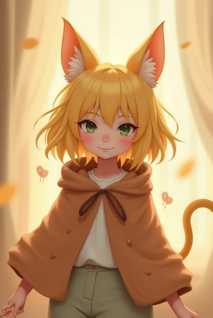  light yellow hair ，Cat Ear ，medium short hair，Brown cape ，shirt