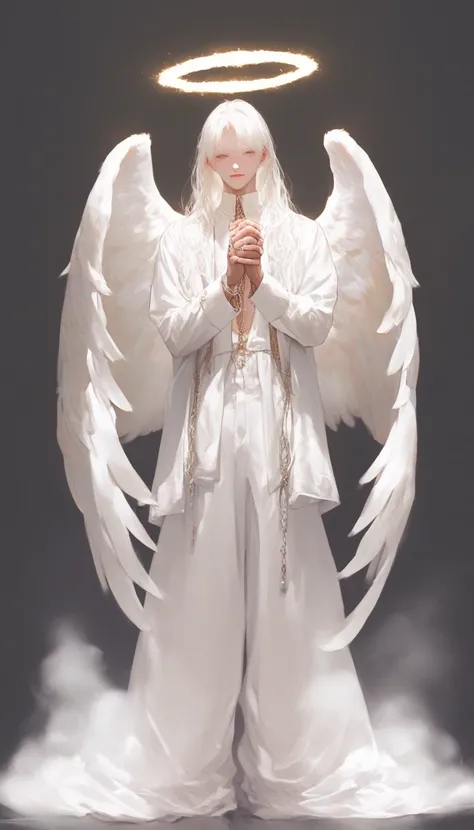 A male，  full body photo，, boys with long white hair ，Light, flowing hair ，White Angel， with a sparkling crown ， slender, good-looking hands， looking at the camera with cold eyes ，Hands with diamond rings ，High-end， young and energetic， Good condition ，Ver...