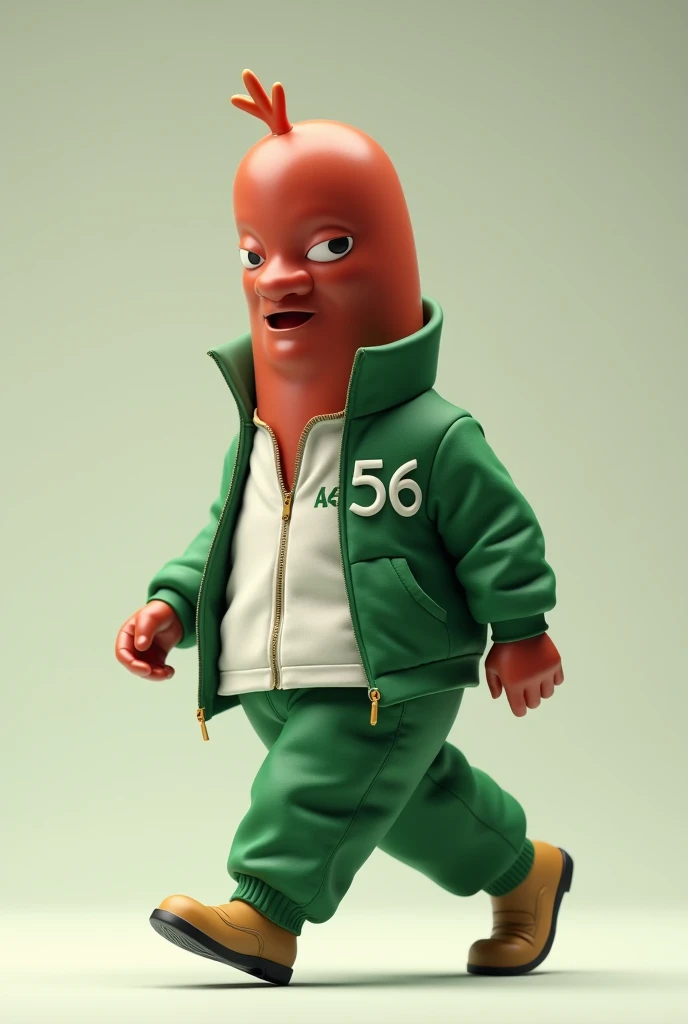 
The sausage is realistic, he breathes and walks. He is green and white with sportswear. The numbers 456 are written on the line on the jacket