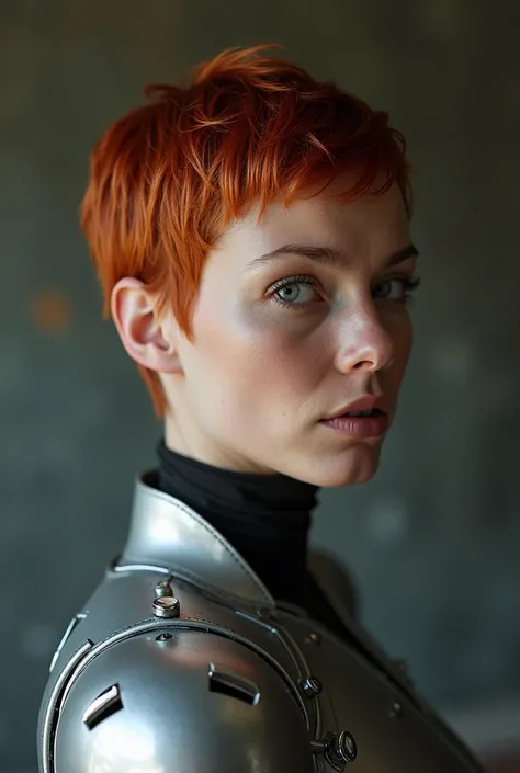 A beautiful caucasian English girl with short pixie cut dark red hair, wet slicked back hair, aged 27 years, as a female robocop