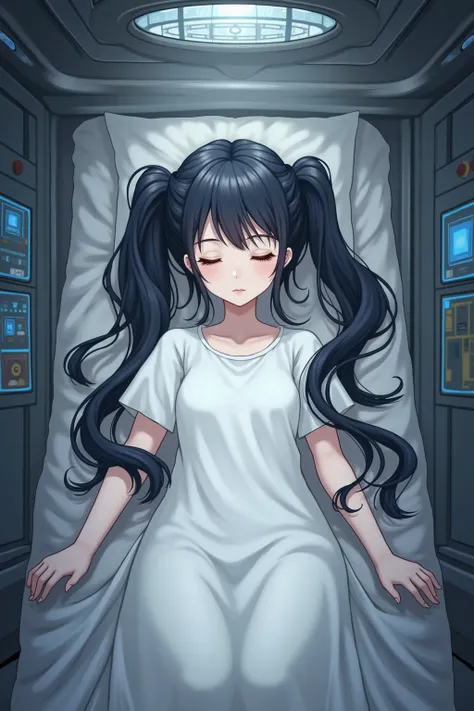  dark hair,  girl, Twin tails,  white dress , Sleeping in an experimental chamber,  beautiful face