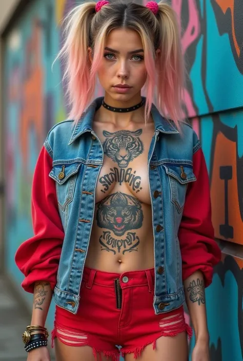 A young woman with an edgy and confident style, wearing an open denim jacket with the name "Caplin creator" with red sleeves and red shorts with rips. Her hair is tied into twin ponytails with a gradation of blonde and pink. This woman has a tiger tattoo o...