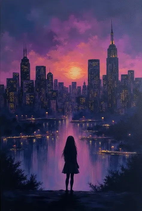 Draw me a simple oil painting of a cityscape with dark purple and black with golden lights blueish combined and a dark girl figure facing the city. the painting will have a meaning about loneliness despite all the fuss in real life