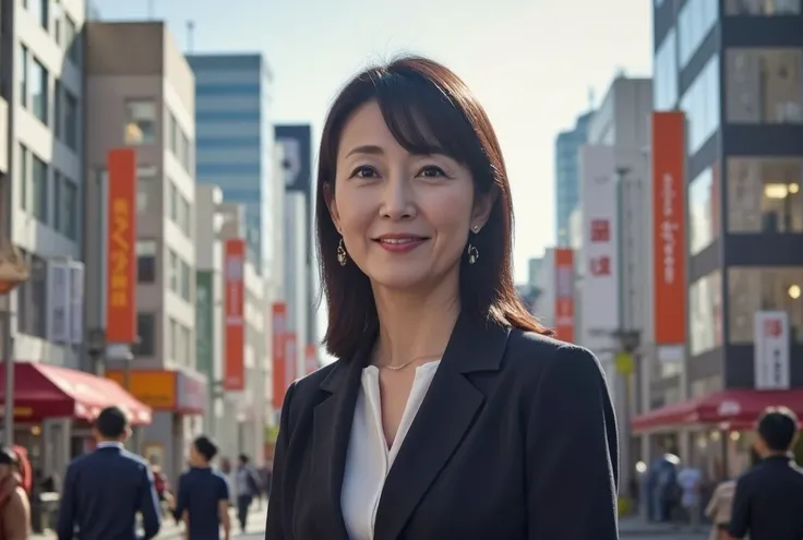 Average-looking Japanese woman, smiling, straight black hair, medium-length, daytime Ginza streetscape, 35 years old