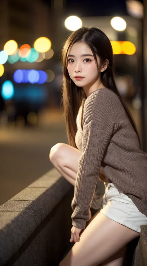        beautiful girl,   Very Pretty and Detailed Face    ,        laugh shyly, Deep Valley), ((  The camera is behind me       ))、(彼女は    Big Breastsをしている、     white long sleeve rib knit     .       hot pants、    facing sideways to the viewer、          an...