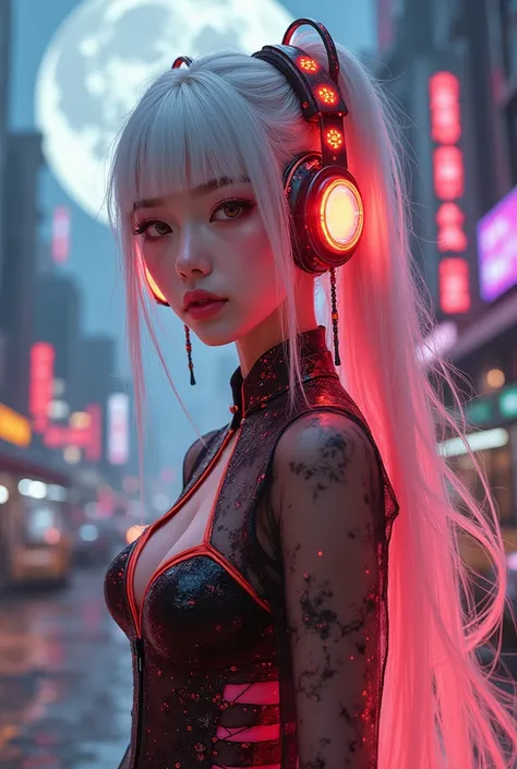 girl, Chinese_clothes, liquid black and pink, cyberhan, cheongsam, cyberpunk city, dynamic pose, detailed luminous headphones, glowing hair accessories, long hair, glowing earrings, glowing necklace, cyberpunk, high-tech city, full of mechanical and futuri...