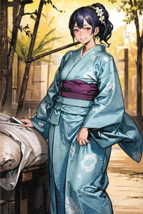  look at the camera ,((( top quality, 8k, masterpiece))),  clear focus, ( in、 A beautiful woman with a perfect figure ), slender, ( hairstyles at their best:  up)), (( kimono: Cane)), street: 1.2 高精細な顔と肌の質感 詳細な目 double eyelids ランダムな姿勢, (smile),s uper cute ...