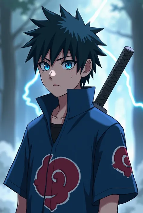 A age boy with a sword on his back in clothes from the naruto universe and he has a serious look on his face with his shirt bearinf the Uchiha clan crest Uchiha clan crest not akatsuki with blue eyes and has a lightning blade in his hand (Kakashi's jutsu)