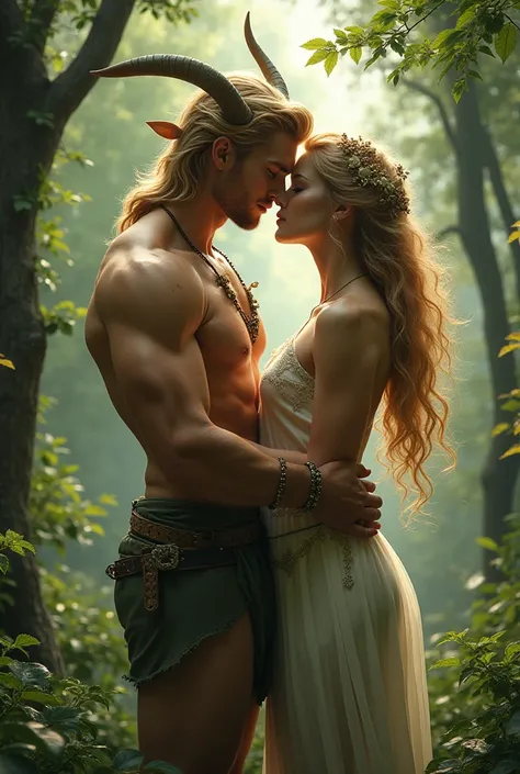 Create a beautiful man, a blonde faun of a sporty physique, with a beautiful female nymph, on the background of a fairy-tale forest, super realistic, masterpiece