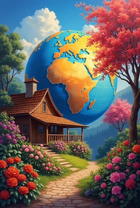 Very interesting art paintings in 8k, 4k quality Rainbow globe,. The world is full of colors Half, half, third of the world, cheerful mood painting, The cowboy village, The background of the rose garden, red, Pink purple the house is made of natural teak w...