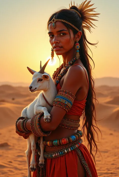 An ethnographic photograph transformed into a painting, capturing a woman dressed in a striking, gujarati kutchi tribal-inspired ensemble. She stands proudly in a sun-kissed desert landscape at dusk with caring a baby white goat in arms, her outfit adorned...