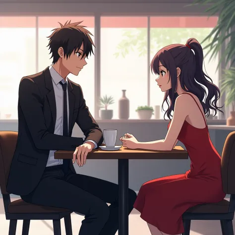 "An anime-style scene in a modern café. The protagonist sitting and confident, wearing a sharp suit. Amanda sits across from him in a red dress, her face unreadable. The café is bright and bustling, creating tension between them."

