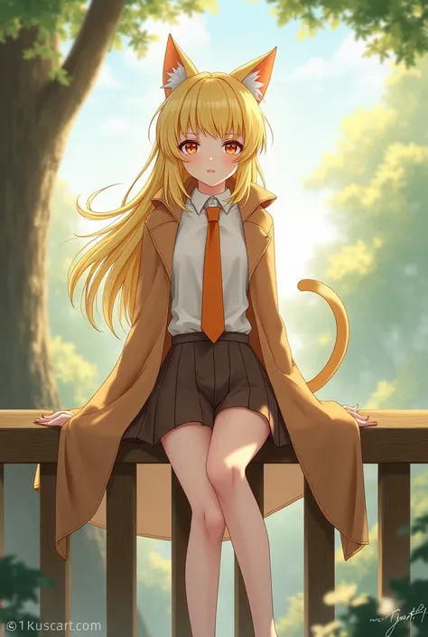  light yellow hair ，Cat Ear ，Hair on the collarbone，Brown cape ， White Shirt ，human，Sit on the railing，brown skirt，Orange Tie