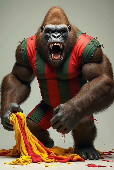 Angry gorilla wearing a red-green t-shirt tearing off a yellow-red towel