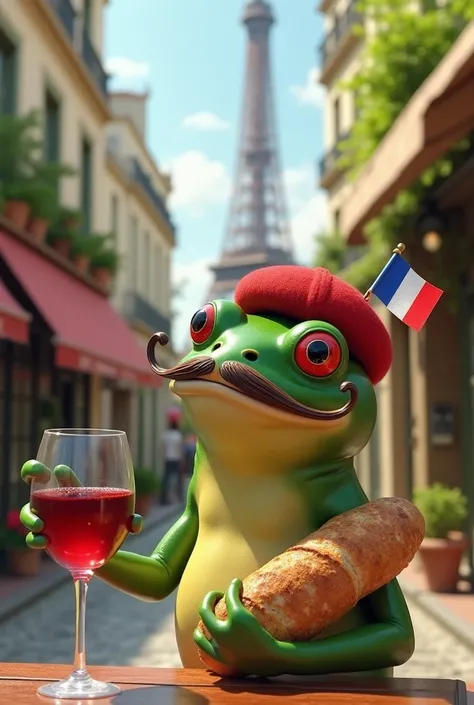 I want a stereotypical French shown on frog. I want frog with a mustache, red wine and baguette