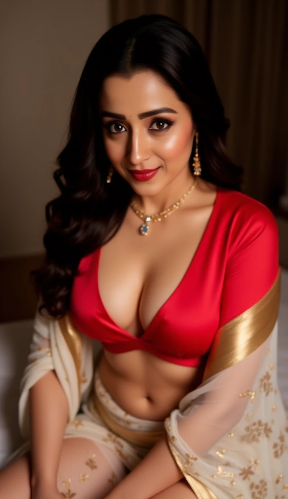 night, photo of  girl,  sexy figure, swooping breasts, deep cleavage, curvy, sitting on bed,wearing a bright red satin blouse with a plunging neckline that reveals a cleavage, showcasing a large bust. Her attire, a patterned white satin saree with golden b...