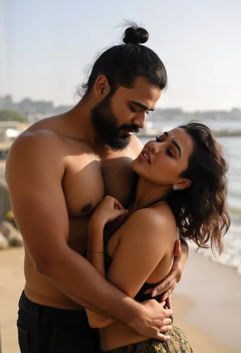 Create Full body image,Sexy indian woman with large breast, wearing smartwatch in one hand, bindi on forehead,small pearl earrings,big cheeks,voluptuous figure,swooping Big large size breasts, dripping sweaty,Deep cleavage,hair bun tied up, navel,sultry, o...