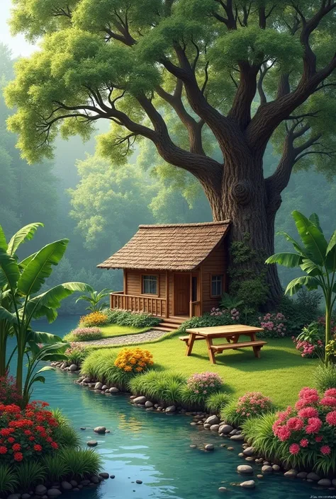 Oil painting hd , Behind the oak tree looks a small beautiful wooden villa and dining table in the middle of a garden of colorful flowers, next to the garden the texture of green leaves and a small river the water flows clear, surrounded by banana trees an...