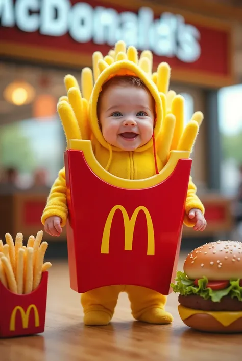 Baby standing in a big lifelike french fries costume、 the face is real 、   baby about 6 months old   、  cute、smile、 as pictured 、横に  cuteハンバーガーとフライドポテトがいる、 the face is real 、 Sparkle、 McDonald&#39;s in the background 、 Photo style