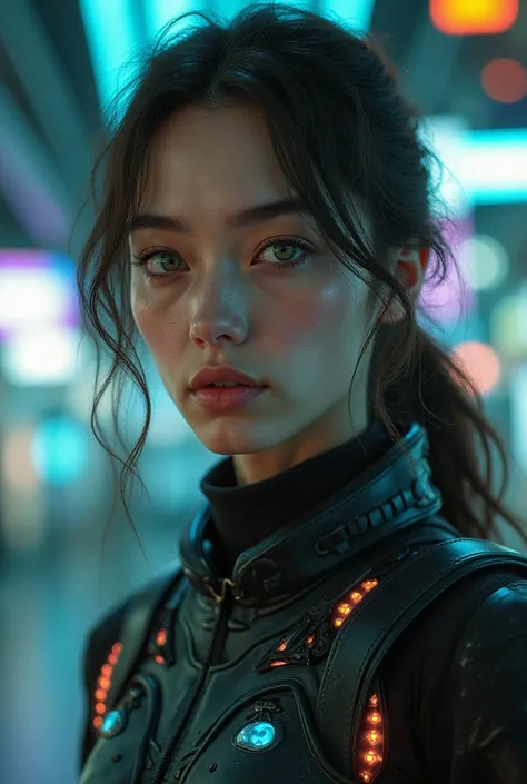 Create a beautiful brunette man with green eyes, 27 years old, in an exoskeleton, on the background of flying machines and the city of the future, on the background of neon lights, in the style of cyber punk