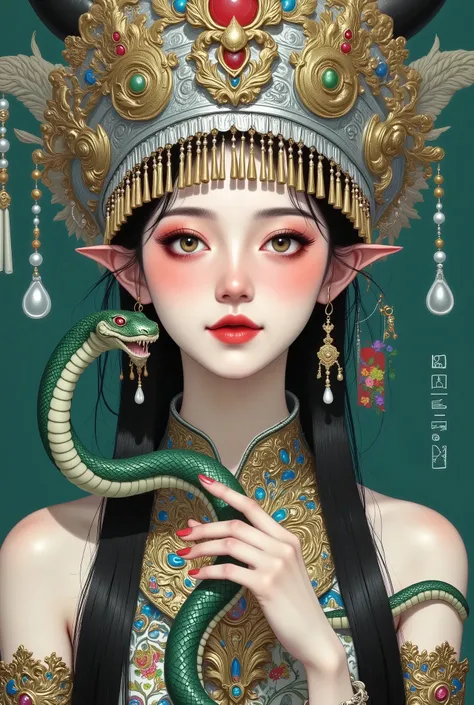 A woman with a snake and crown on her head, 受蒲华启发而创作的Extremely detailed的绘画,  artstation, Fantasy Art, Snake Queen , portrait of a scorpion goddess, dark Snake Queen ,  A Beautiful Fantasy Queen , Snake Woman, goddess. Extremely detailed, ancient chinese g...