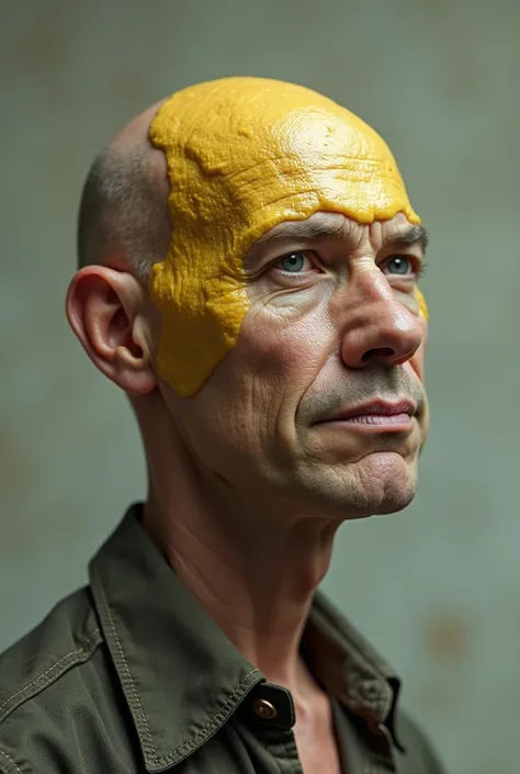 bald man with mashed bees paste on head