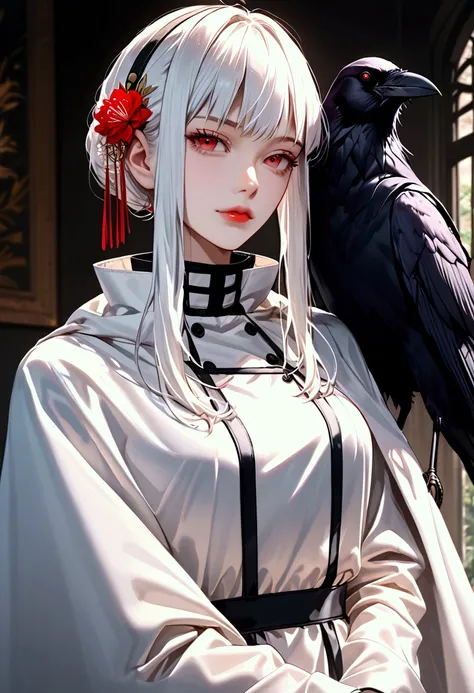 Yor Briar from Spy X Family, crow on her shoulder, white cloak, pale skin, lycoris radiata hair ornament