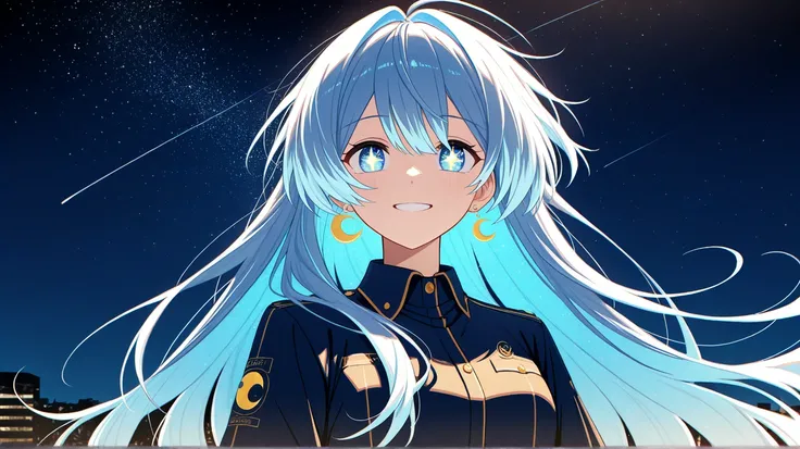  1 girl in the best,  high resolution,  long hair, Blue Hair/ light blue hair,  gradation hair , crescent earrings,  smiles,  gradation eyes ,  has a lot of white space,  full of stars,night,Overlooking,  is far away,Alshat, best quality, Light,Place peopl...